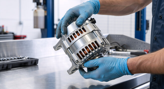 Automotive technician holding a car alternator. Mechanic working on vehicle electrical system components in a repair shop