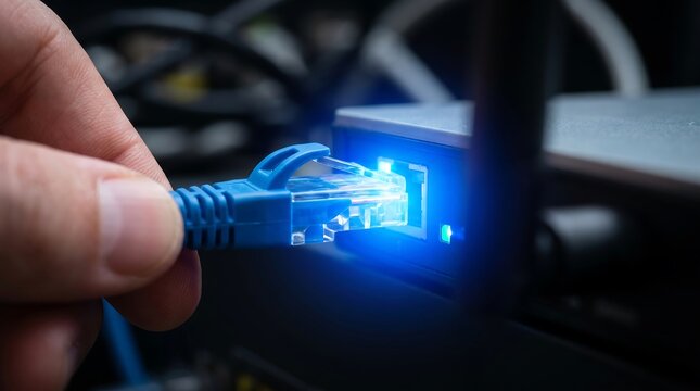 Blue ethernet cable connector being plugged into router port at network setup macro close up view