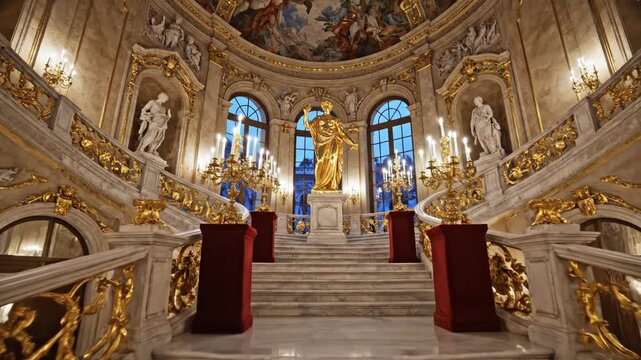 Ornate Baroque marble staircase with golden railings, central gold statue, and classical white sculptures in a luxurious palace hall with glowing candelabras and arched windows.