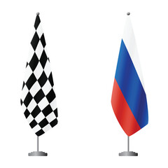 Fototapeta premium Checkered and Russia flags on flagpoles for official ceremonies and meetings, transparent background vector