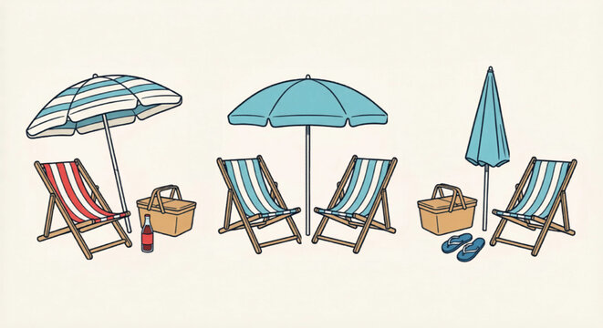 Retro beach vacation vector set, vintage summer holiday illustrations with deck chairs and sun umbrellas, seaside picnic elements for travel design