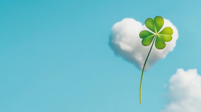 Lucky clover leaves with heart cloud and blue sky,Clover four leaf or three leaf,St Patrick day realistic green border for banner with leaf confetti,Four lucky grass leaves symbol for advertising.