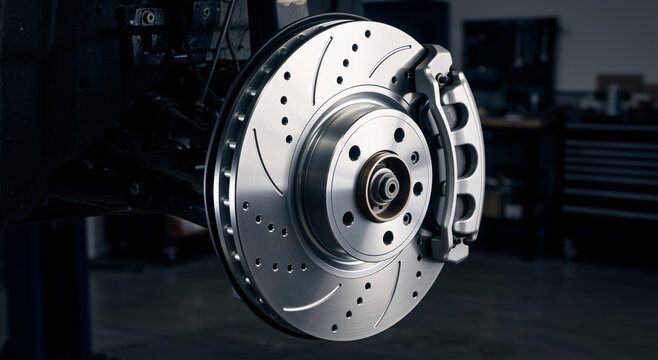 Close-up of a high-performance ventilated brake disc on a car. Automotive tuning and repair