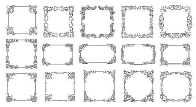Detailed collection of fifteen various decorative scrollwork frames in black and white for elegant graphic design projects.