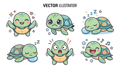 Fototapeta premium Vector illustration of a cartoon turtle with various expressions