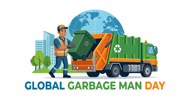 Global Garbage Man Day vector illustration with sanitation worker loading recycling bin into garbage truck eco waste collection and environmental cleanup awareness design