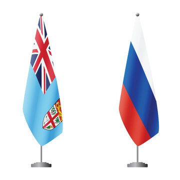 Fiji and Russia flags on flagpoles for official ceremonies and meetings, transparent background vector
