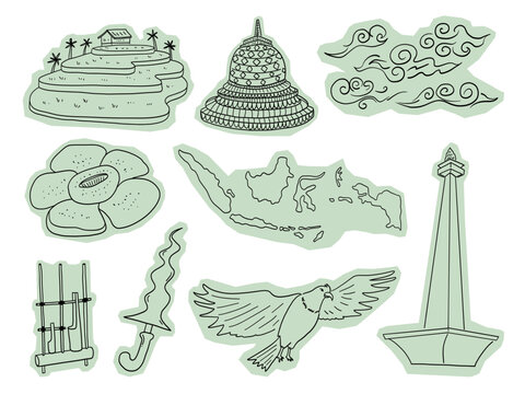 Indonesia Culture Sticker Elements Set with Borobudur Monas Garuda and Traditional Icons
