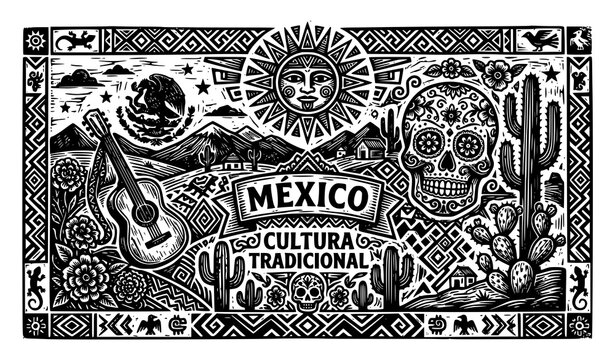 Abstract Mexican symbolic composition vector in cordel woodcut engraving style isolated on white background