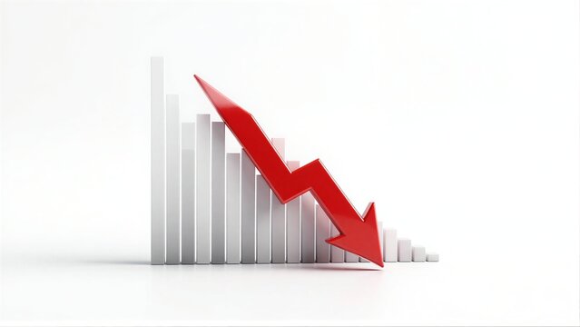 Red arrow points down over gray bars symbolizing decline or decrease.