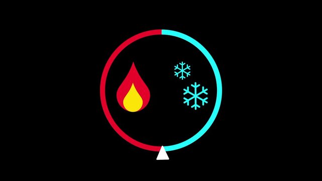 A circular dial control with flame and snowflake icons showing hot and cold temperature settings with a glowing ring border