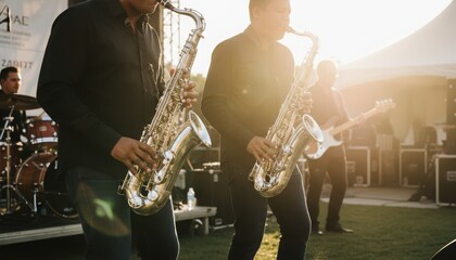 Obraz premium Person playing saxophone on a sunny outdoor stage