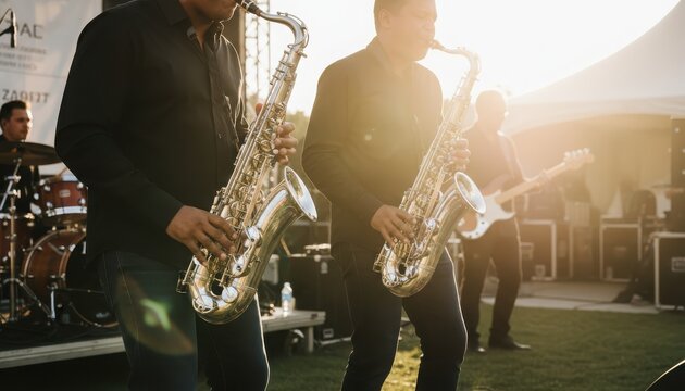 Person playing saxophone on a sunny outdoor stage