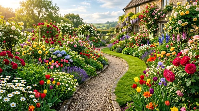 Vibrant garden scene with colorful flowers and winding stone path outside house