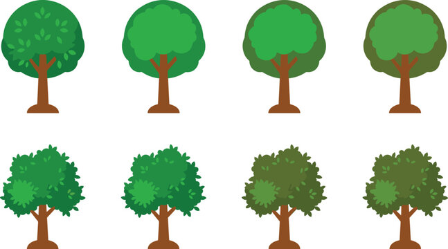 Flat Cartoon Green Tree Asset Set with Round and Textured Crowns Isolated on White Background for Game Design and UI Icons