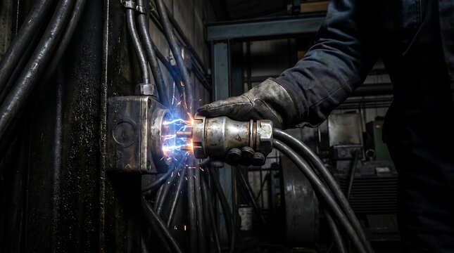 Worker hand in protective glove connecting industrial power cable causing high voltage electric arc flash