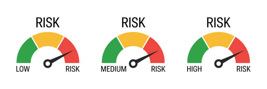 Risk Meter Icon Set, Gauge Indicator Showing Low Medium And High Risk Levels, Safety Assessment And Analysis Dashboard Vector Illustration.