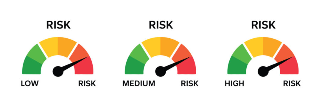 Risk Meter Icon Set, Gauge Indicator Showing Low Medium And High Risk Levels, Safety Assessment And Analysis Dashboard Vector Illustration.