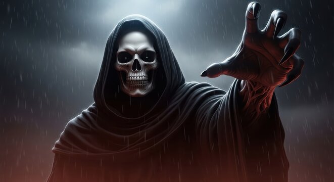 Mysterious grim reaper figure with glowing eyes reaching out