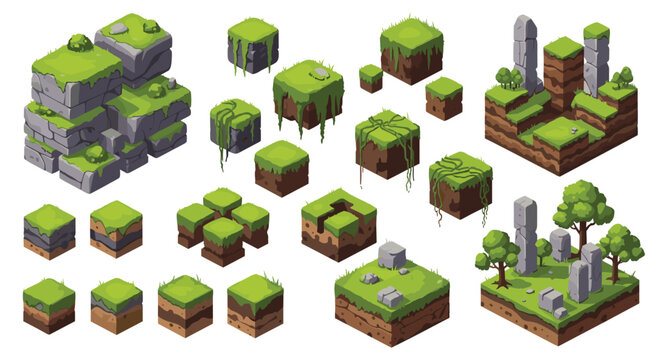 Collection of isometric pixel art terrain blocks featuring grass, stone, and dirt textures for video game level design and environment creation.
