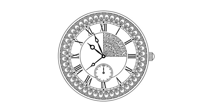 Detailed black and white line art of a classic pocket watch face with Roman numerals and intricate decorative patterns for time related concepts.