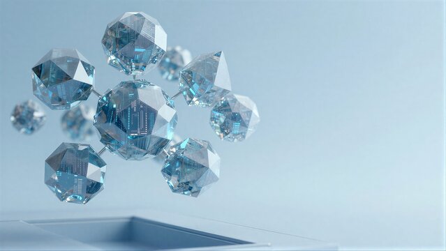 Floating blue crystal spheres with circuit patterns futuristic tech