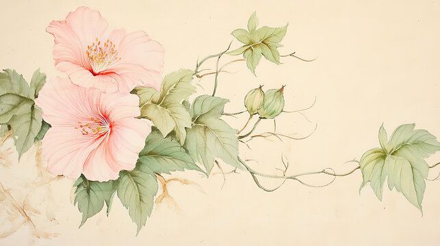 Pink flowers watercolor light beige two clusters long stamens larger upper left smaller right lower green veined leaves interlacing stems lower half lobed palmate leaves