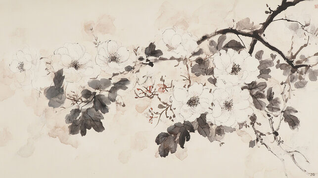 Vertical ink wash light background two flower clusters upper right white outlined flowers dark leaves large lower bouquet small white flowers broad dark leaves reddish undertones gnarled branch connec