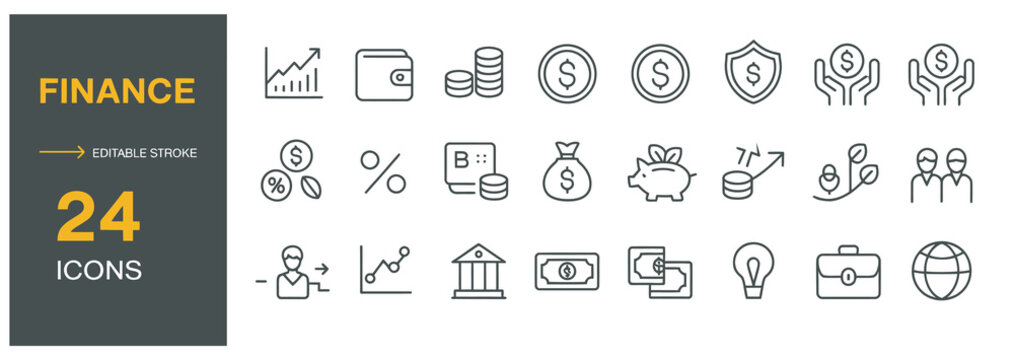 Modern collection of twenty four financial line icons with editable stroke for business