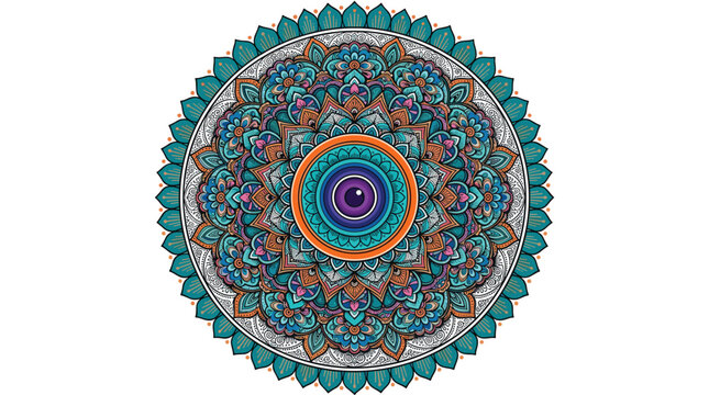 Vibrant Colorful Mandala Vector Design with Evil Eye Centerpiece and Intricate Turquoise Ornamental Details Perfect for Spiritual Protection Posters and Luxury Bohemian Decor