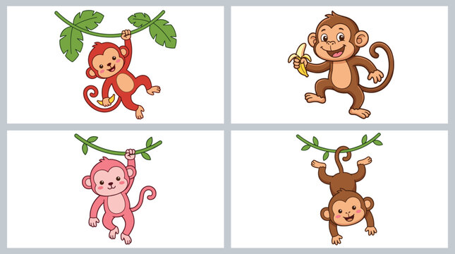 Cute Cartoon Monkey Collection with Jungle Vines Banana and Playful Tropical Animal Character Illustrations