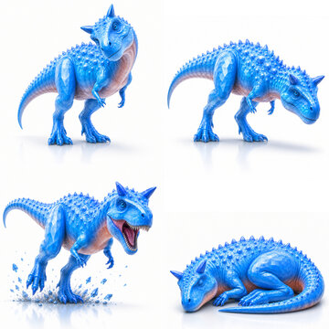 Cool Blue Crystalline Carnotaurus Dinosaur Collection Set, Low Poly Cretaceous Dinosaur Characters Isolated on White Background for Kids, Nursery, Education and Party Design
