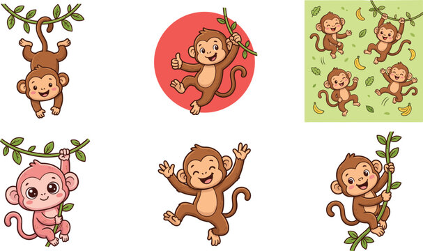 Cute Cartoon Monkey Collection with Jungle Vines Playful Tropical Animal Characters and Banana Illustrations