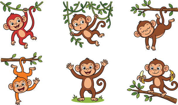 Cute Cartoon Monkey Collection with Jungle Vines Tree Branches and Playful Tropical Animal Characters