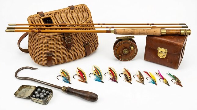 Vintage fly fishing equipment with bamboo rod and creel
