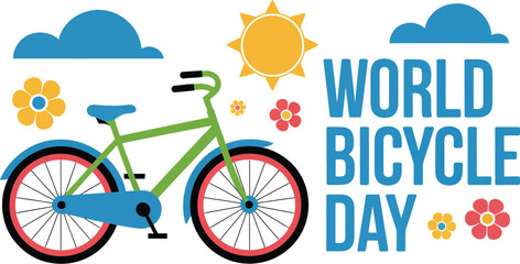 Fototapeta premium Colorful bicycle illustration with sun clouds and flowers promoting eco friendly transport for world cycling awareness day