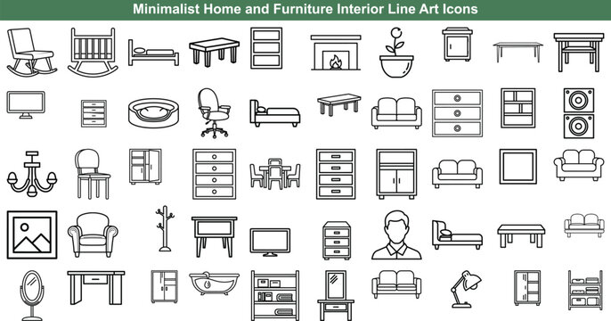 Minimalist home furniture line art icons for interior design planning and architectural visualization concept vector set