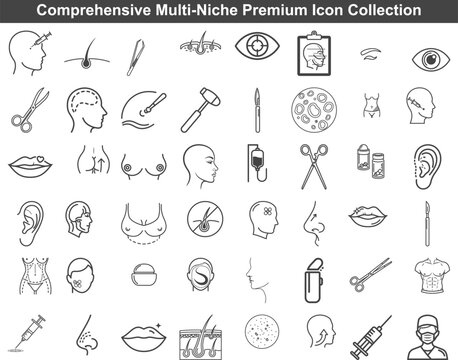 Plastic surgery and cosmetic dermatology icons in thin line style for clinic website design elements