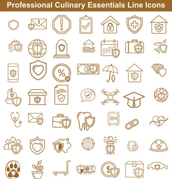 Professional security and protection line icon set featuring shields and insurance concepts for business