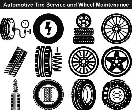 Set of automotive tire service and wheel maintenance flat icons for vehicle repair shop signage