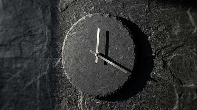 Modern minimalist wall clock made of natural black slate stone with silver hands and shadows
