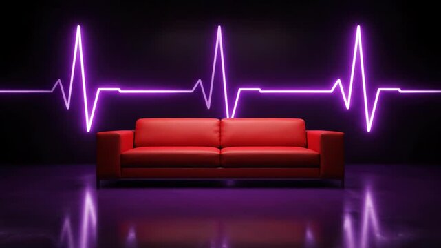 Modern red leather sofa centered in a dark room with a glowing purple neon heartbeat pulse line on the wall and a reflective floor surface in a futuristic studio interior.