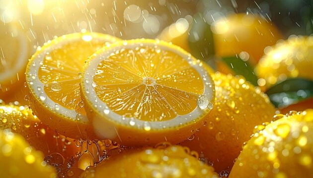 Extreme close up of fresh lemon slices with rain droplets and cinematic summer mood