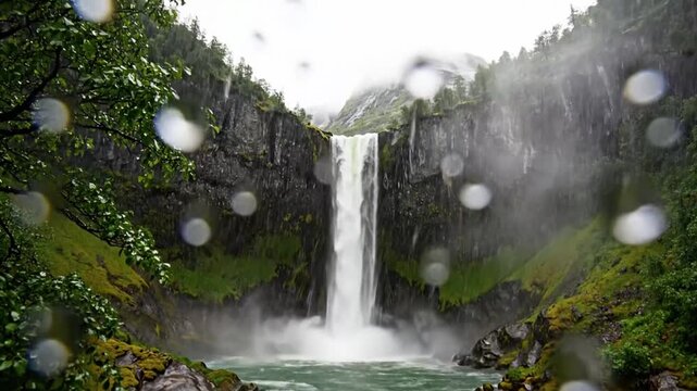 Epic waterfall cascading into a green pool with lush vegetation and misty surroundings in Norway