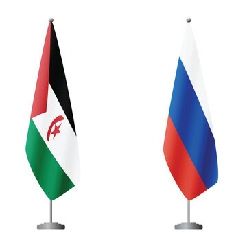Western Sahara and Russia flags on flagpoles for official ceremonies and meetings, transparent background vector