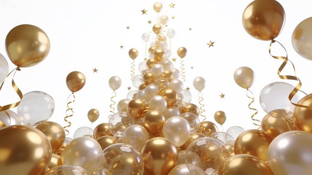 Gold and white flying balloons background forming a pyramid shape, luxury floating metallic balloons with stars decoration for new year party banner or festive celebration background