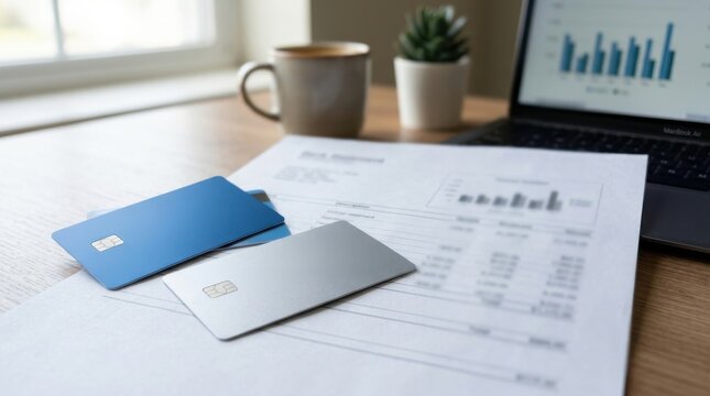 Financial Management and Personal Accounting Concept with Credit Cards and Bank Statements on Office Desk Website Banner Hero Header with Design Space