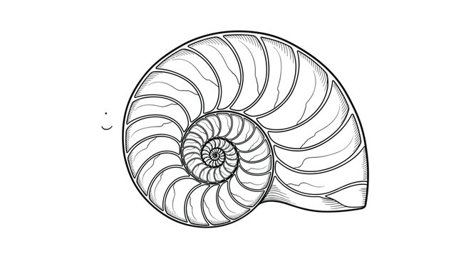 Detailed line art drawing of a nautilus shell showing its intricate spiral pattern and chambers on a white background.