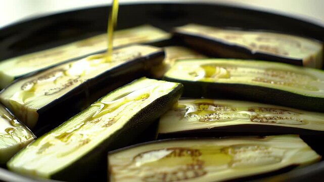 Pouring Oil Over Sliced Eggplant in Pan Cooking Preparation