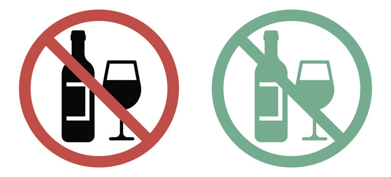 No Alcohol Sign, Drinking Prohibition Symbols, Alcohol Free Zone Warnings And Restricted Beverage Safety Vector Illustration.